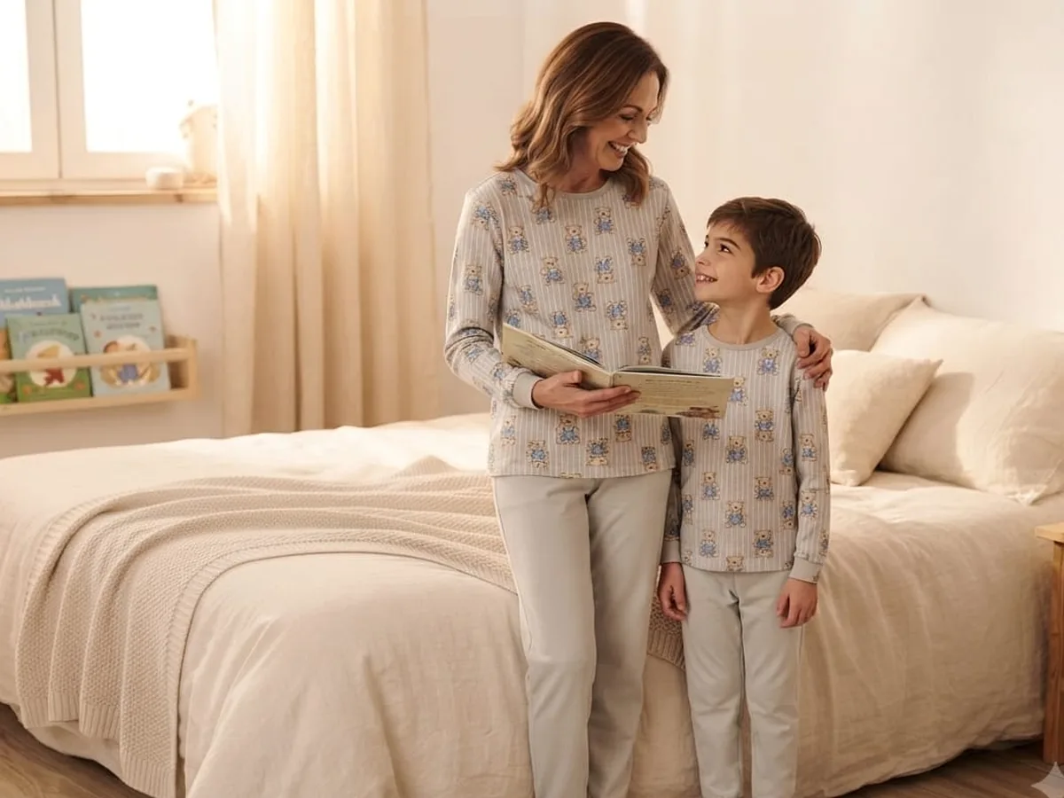 Mãe e filho usando pijamas combinando em um quarto aconchegante