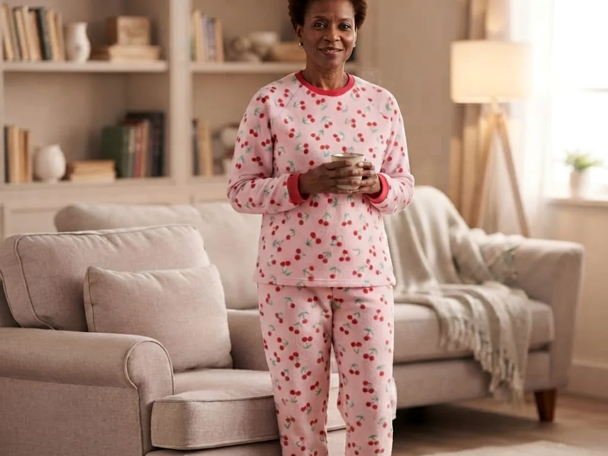 Mulher usando pijama feminino estampado em ambiente aconchegante