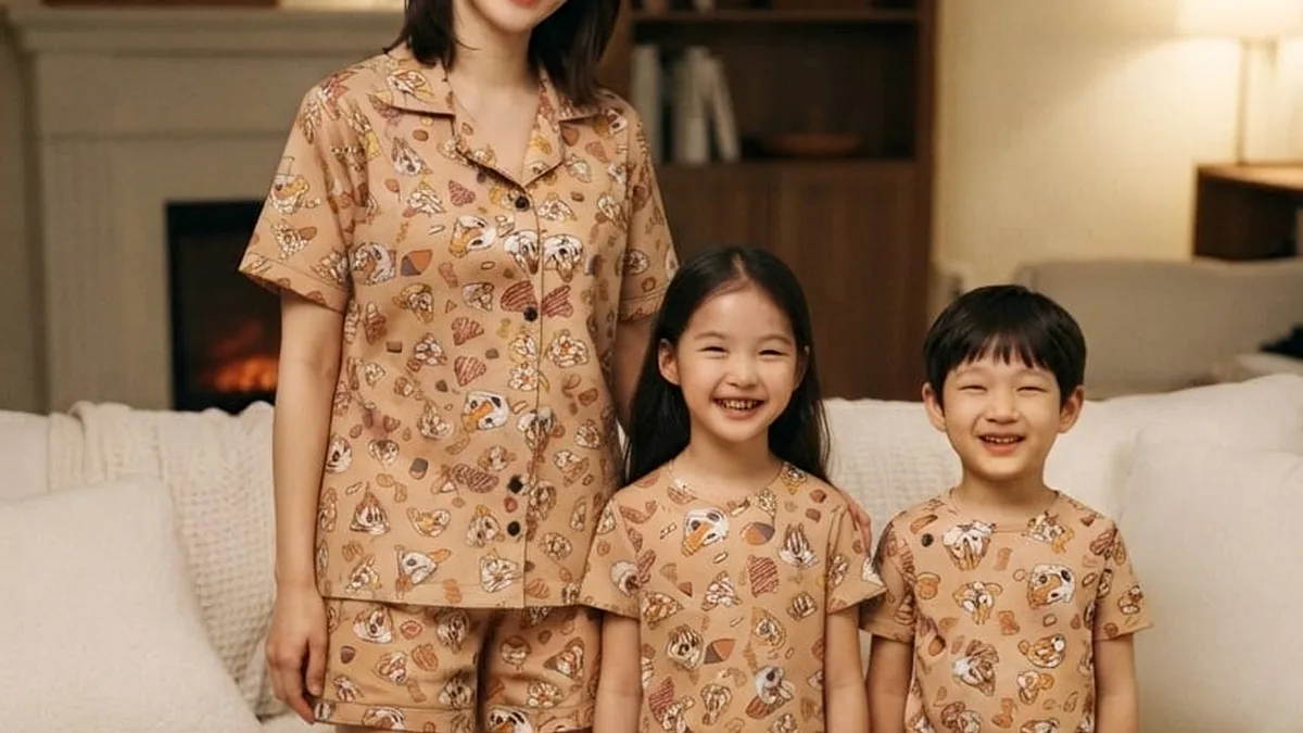 Mãe e duas crianças usando pijamas combinando