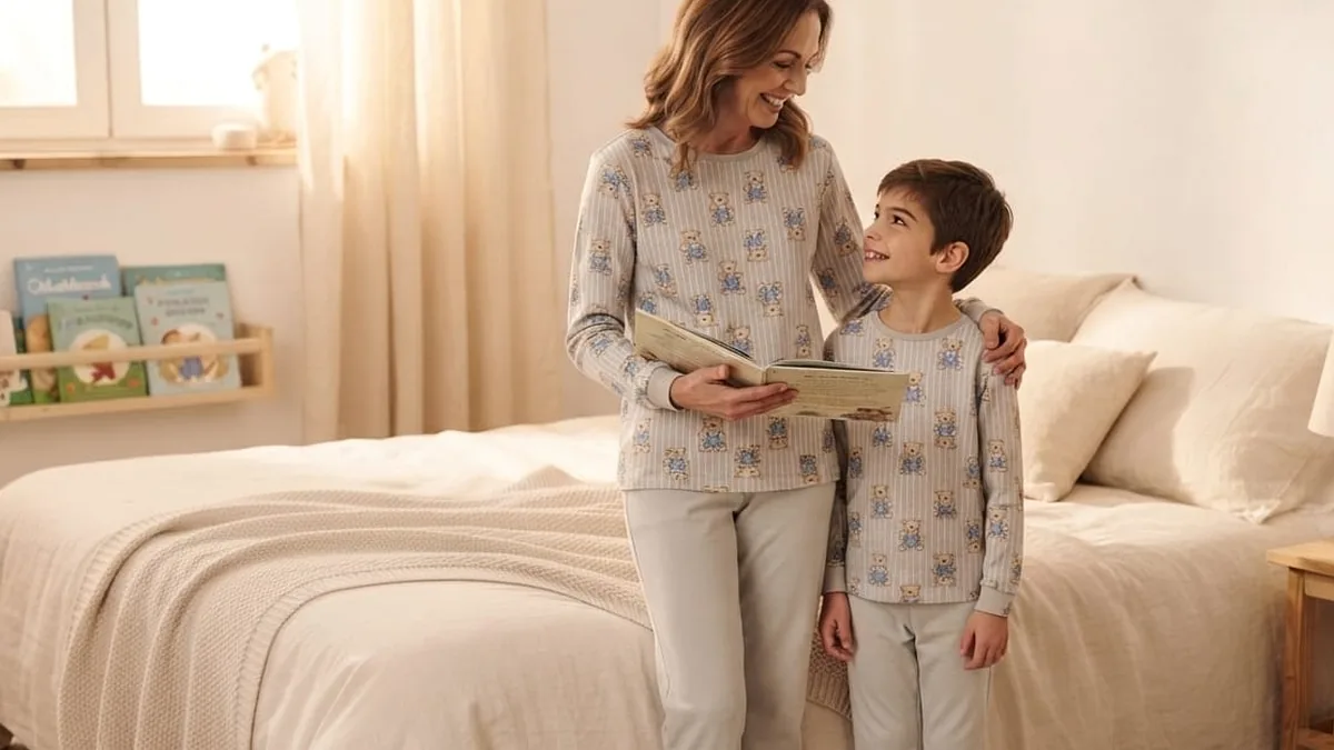 Mãe e filho usando pijamas infantis combinando