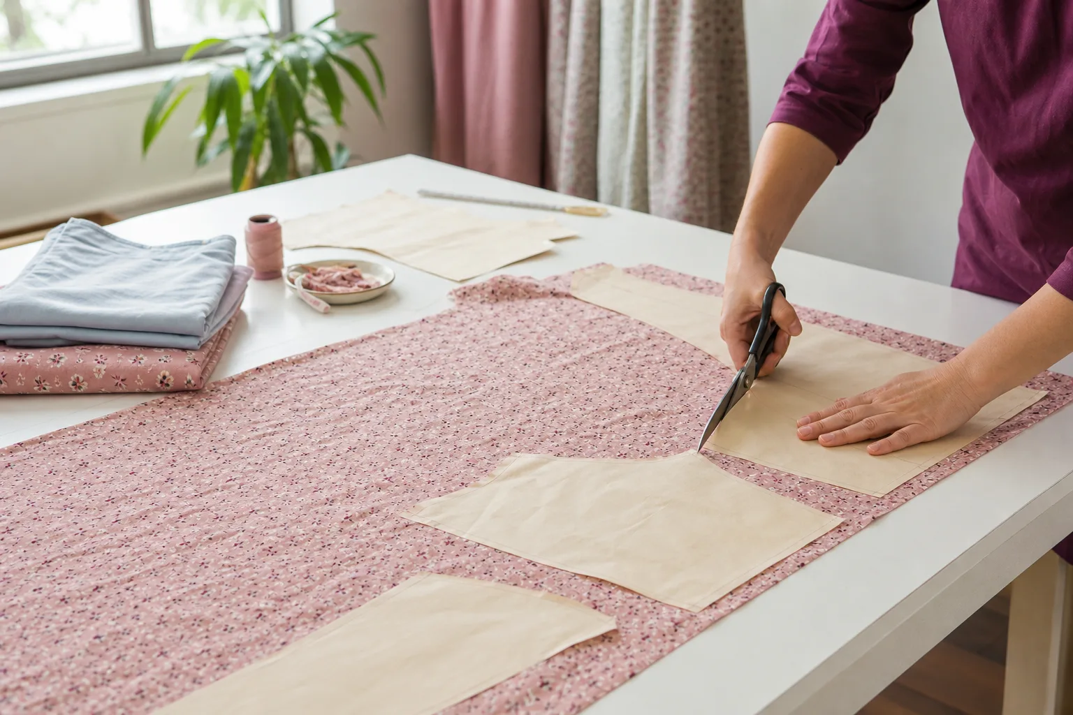 Corte de tecido com molde para produzir pijamas