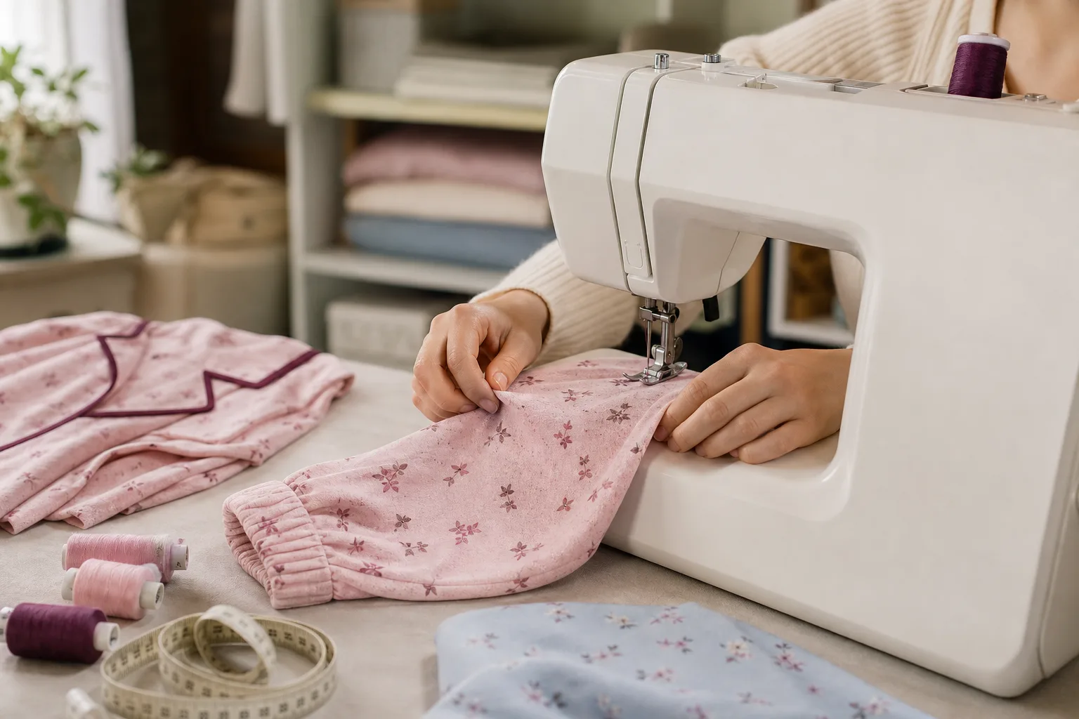 Máquina costurando tecido para confecção de pijamas