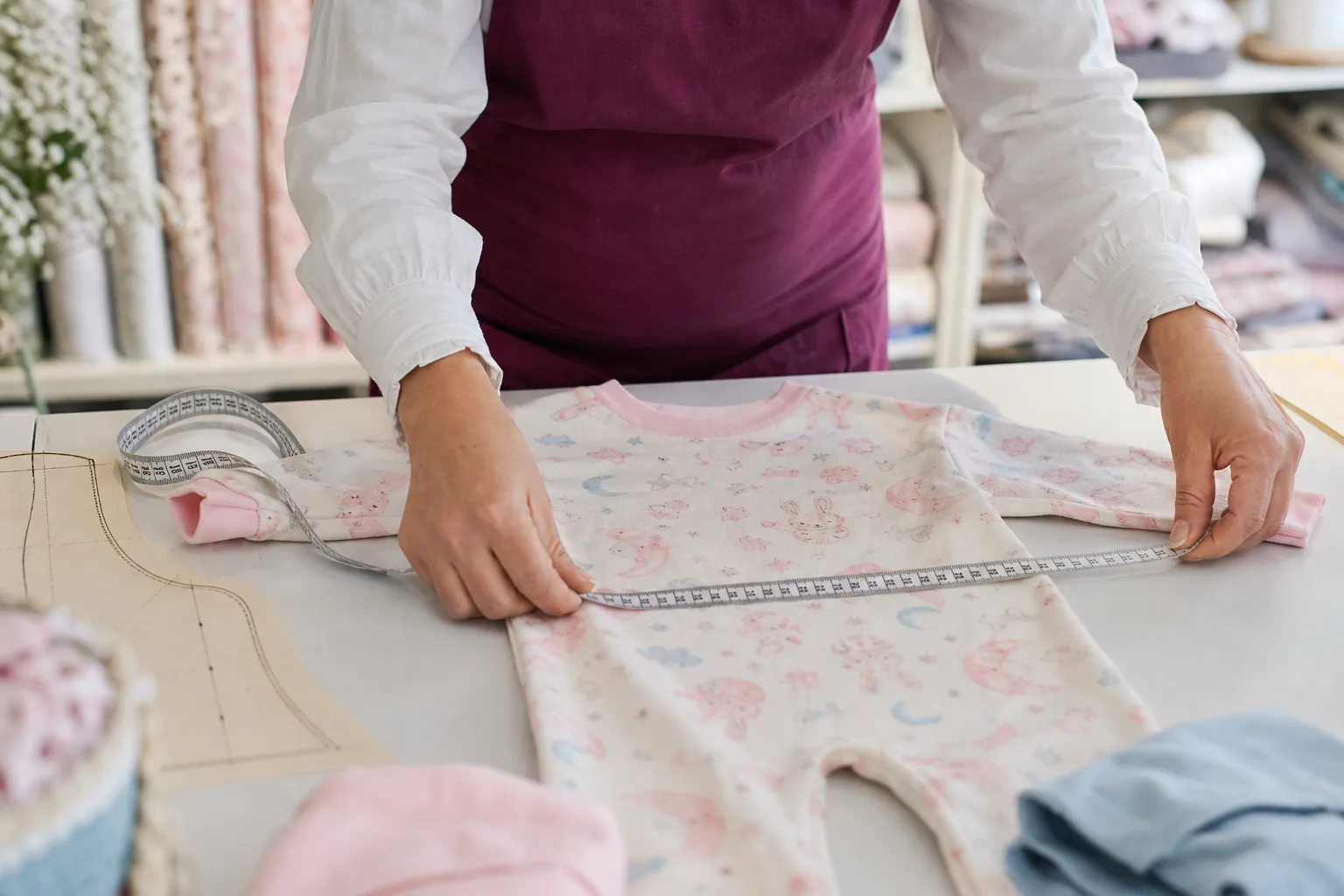 Medição de uma peça de pijama em uma confecção de Curitiba