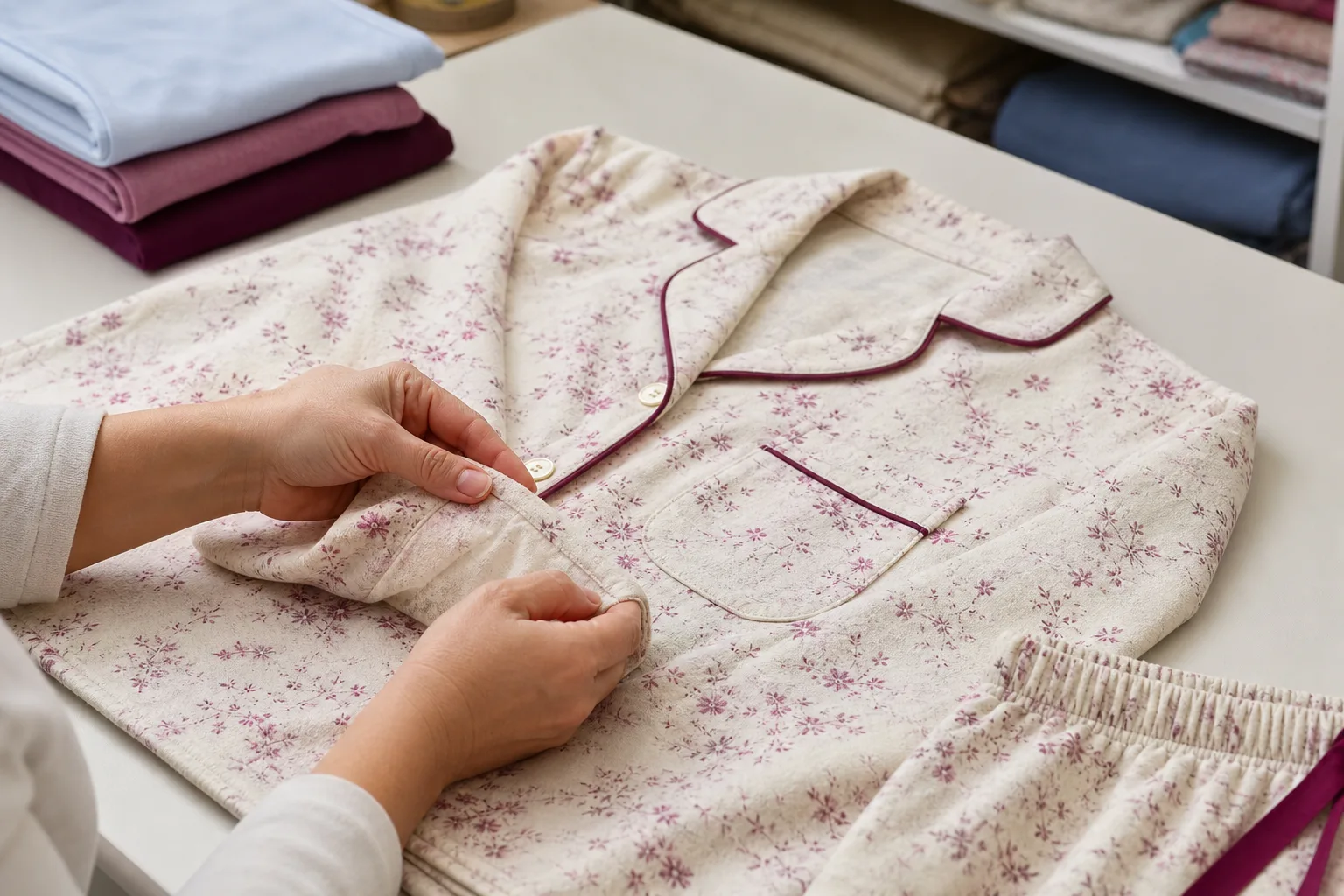 Inspeção de costuras em pedido de pijamas