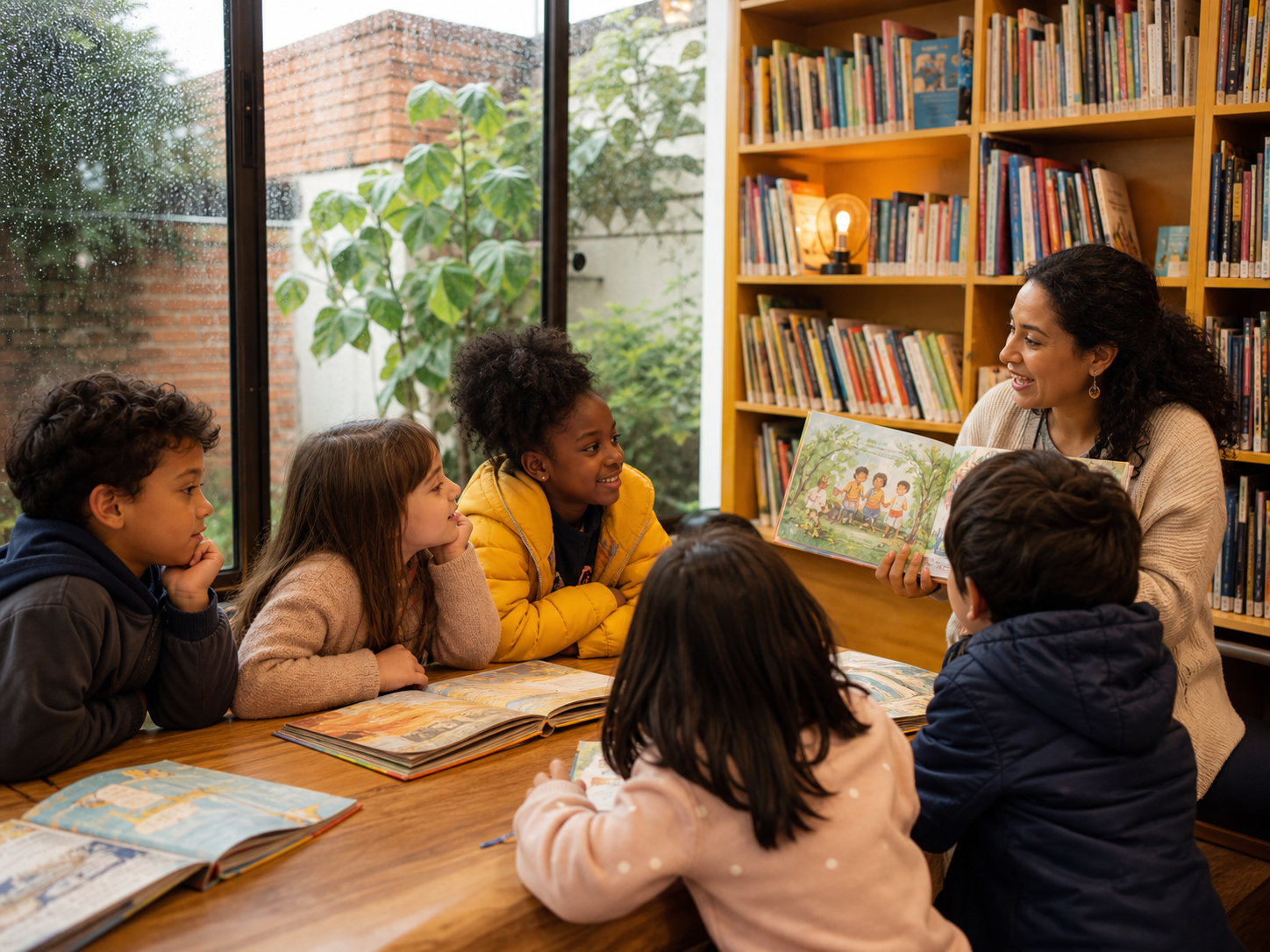 Crianças participando de uma atividade de leitura em um espaço interno