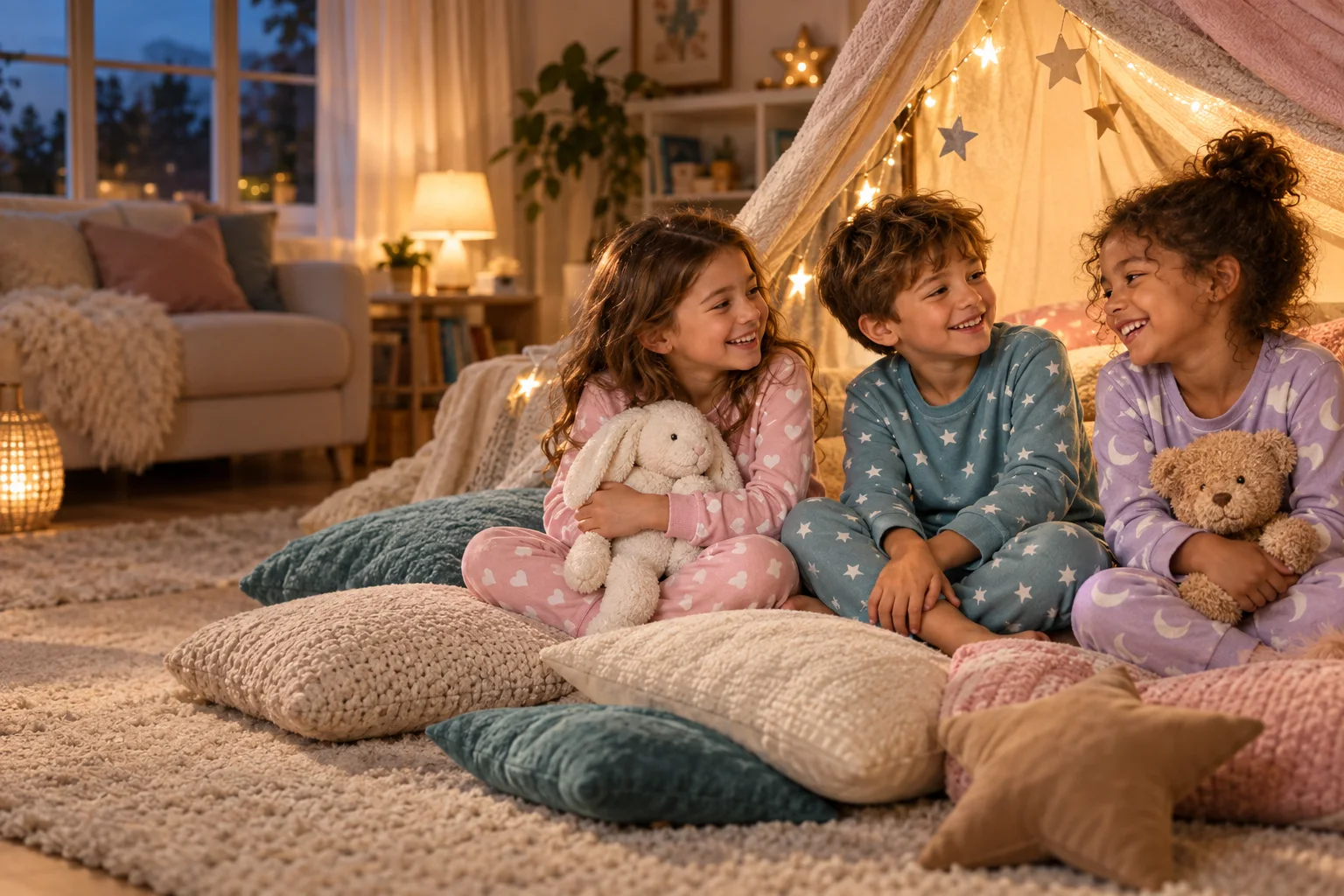 Cena ilustrativa de crianças em uma festa do pijama