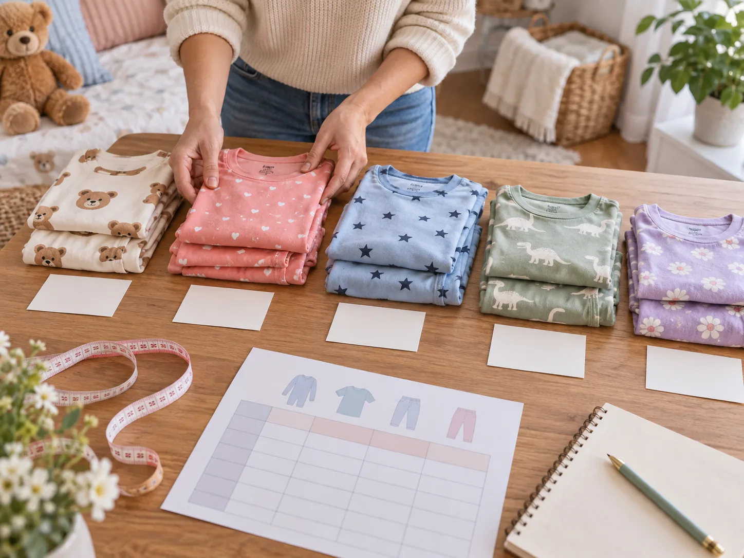 Ilustração da organização de pijamas por tamanho