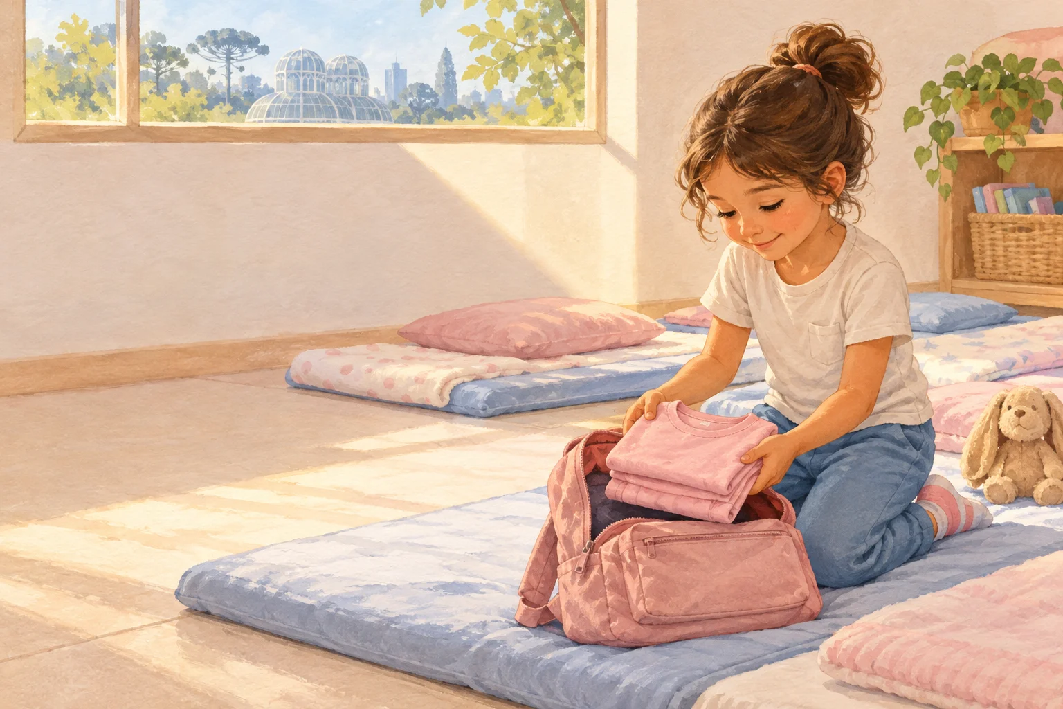 Ilustração conceitual de uma criança guardando um pijama dobrado na mochila para a hora do soninho na escola