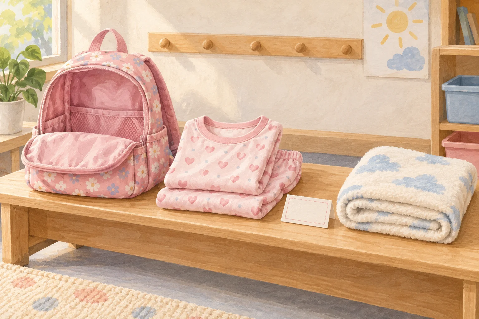 Ilustração de pijama infantil dobrado ao lado de mochila e manta para a rotina de descanso escolar