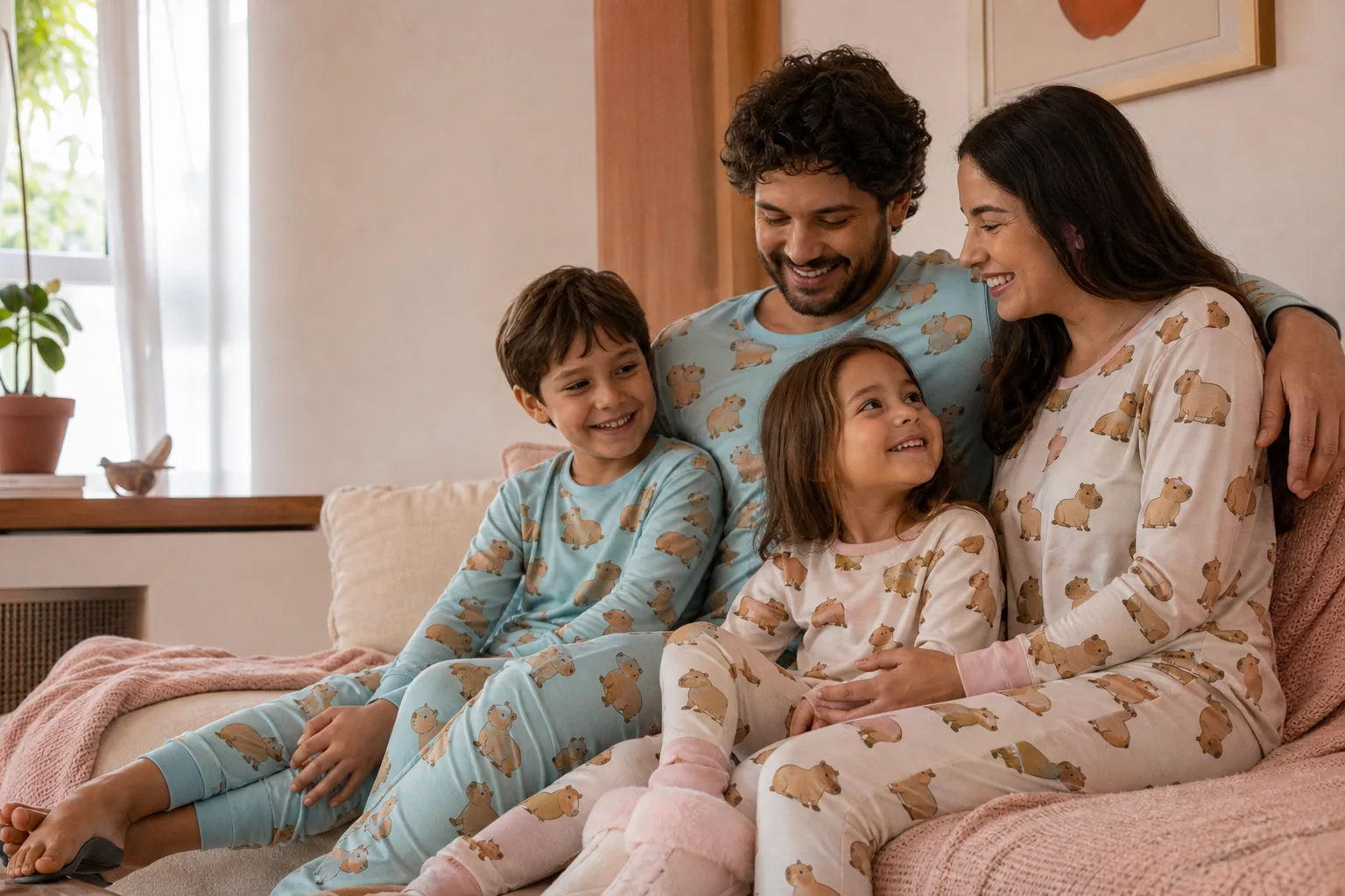 Família usando pijamas personalizados com tema de capivara em Curitiba