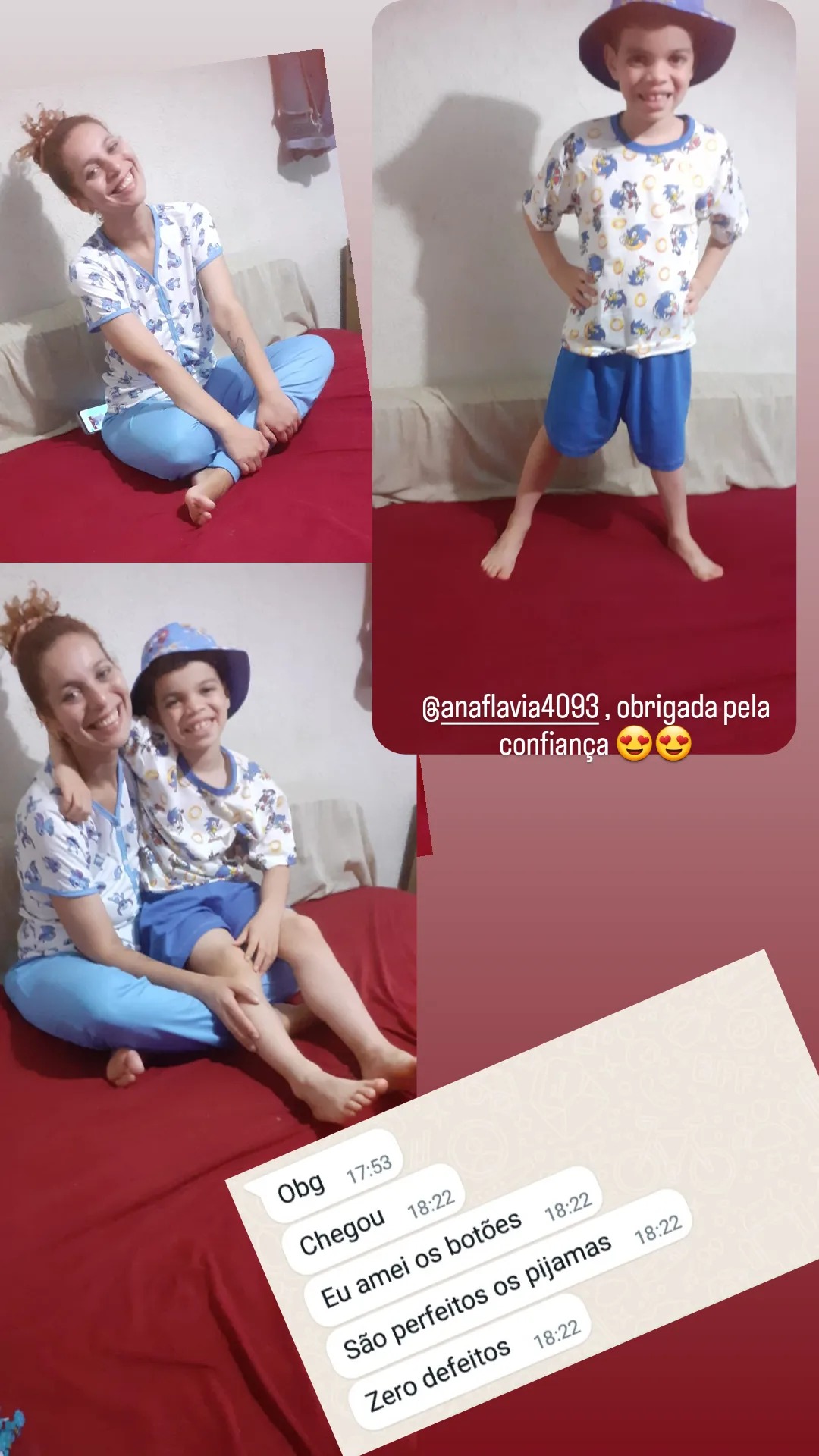 Mãe e filho usando pijamas Sonic: São perfeitos, zero defeitos