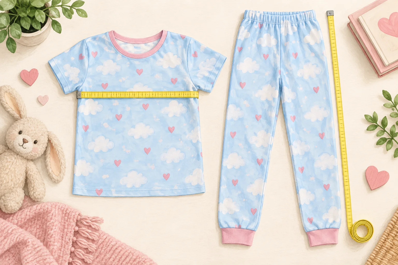 Ilustração de um conjunto infantil estendido com fitas métricas para comparar largura e comprimento