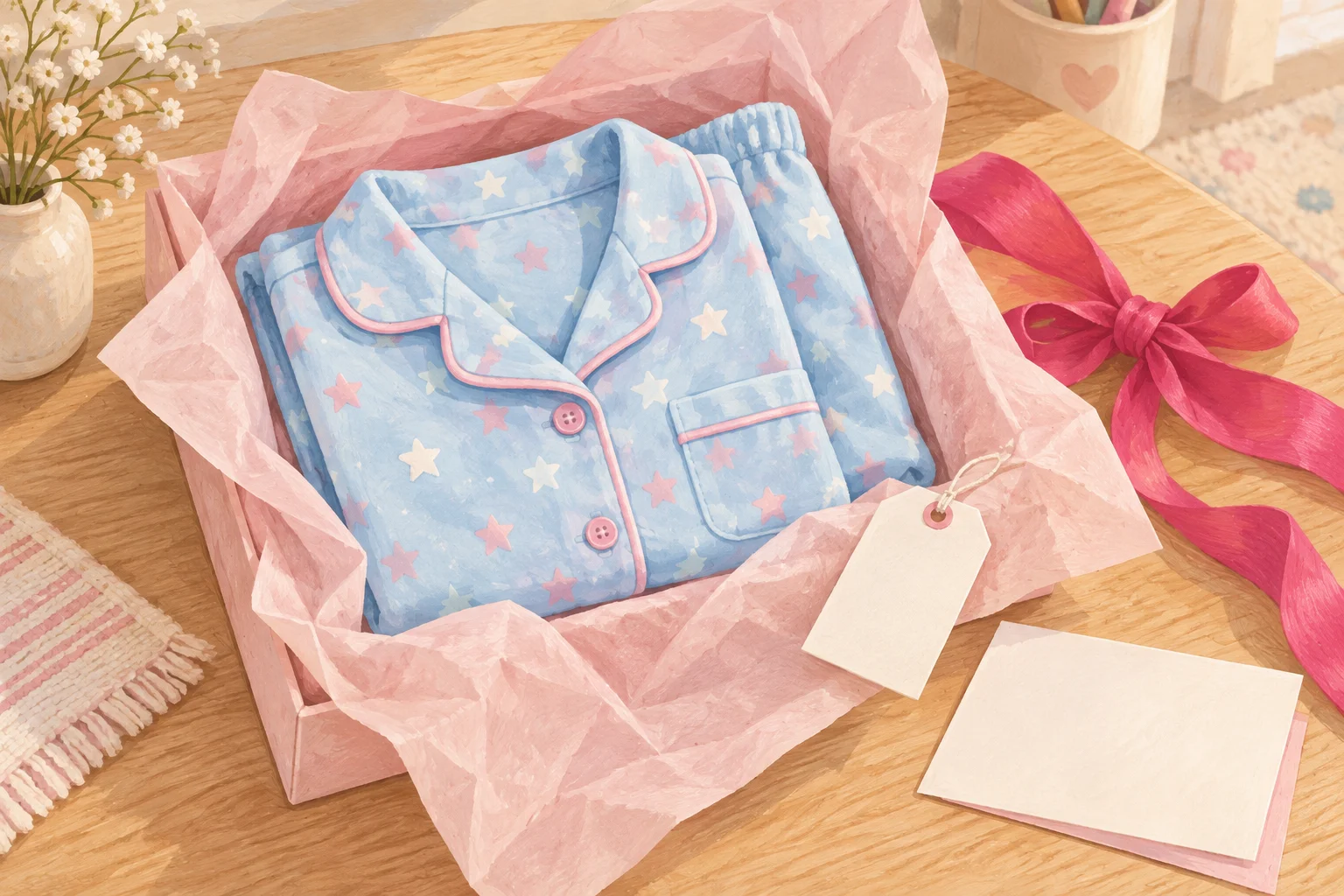 Ilustração de pijama infantil dobrado em papel de seda, acompanhado de laço e cartão