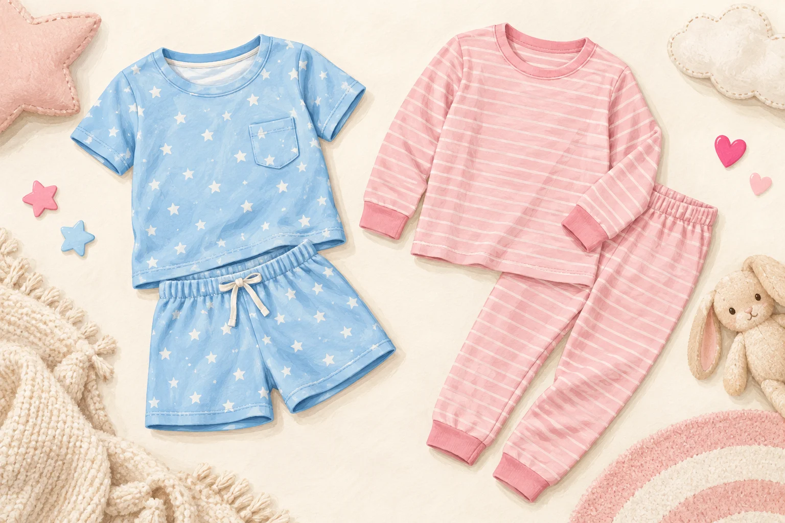 Ilustração de um pijama infantil curto e outro comprido, lado a lado