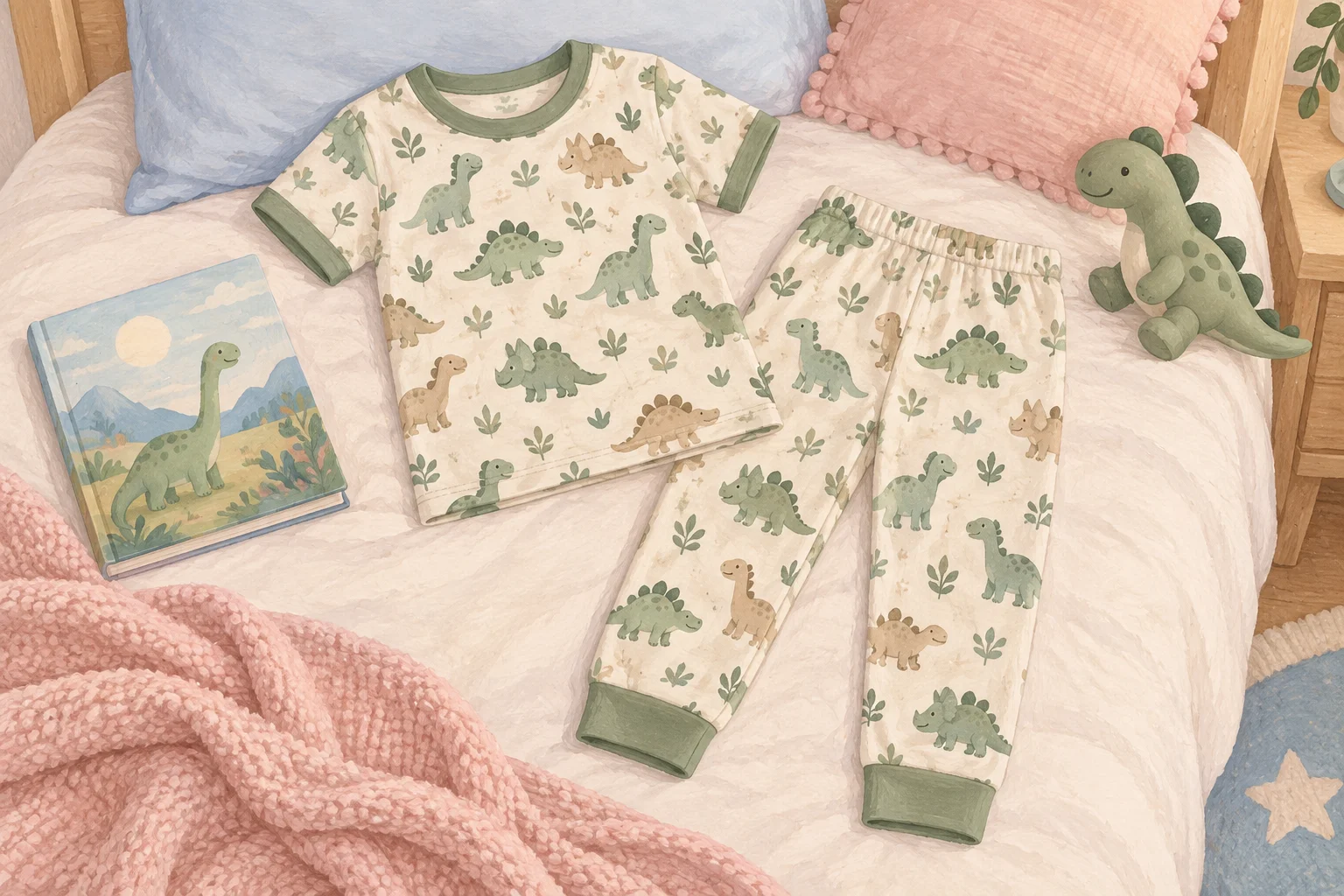 Ilustração conceitual de pijama infantil com dinossauros, sem representar estoque da loja