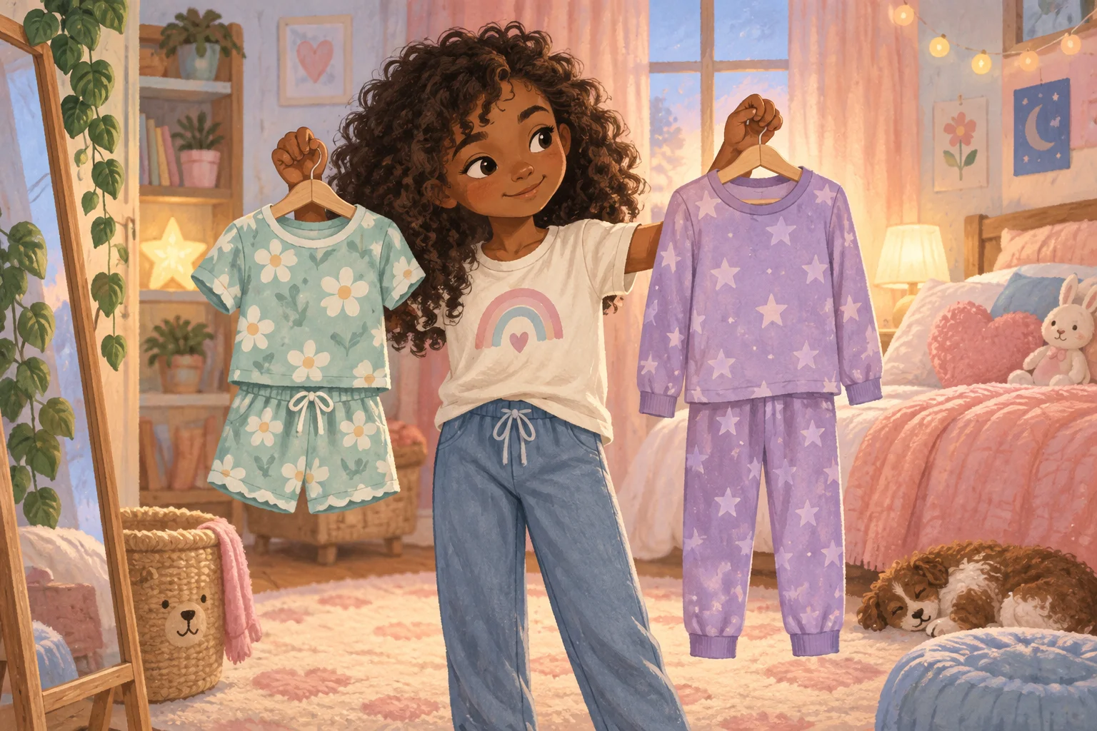 Ilustração de uma menina escolhendo entre dois conjuntos de pijamas infantis