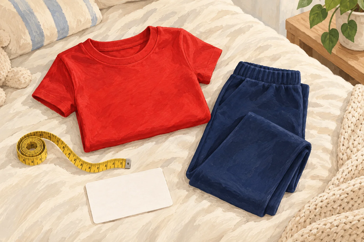 Ilustração genérica de pijama infantil liso vermelho e azul com fita métrica, sem personagem
