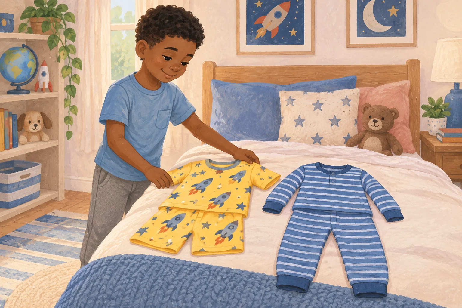 Ilustração de um menino organizando conjuntos de pijamas sobre uma cama