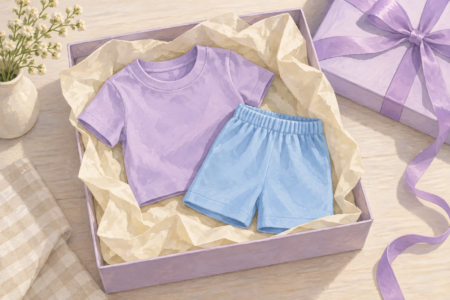 Ilustração genérica de pijama infantil liso azul e lilás em uma caixa de presente, sem personagem