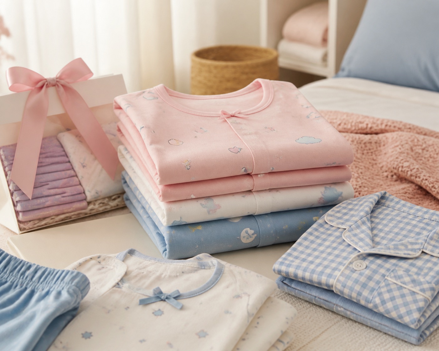 Pijamas infantis dobrados em tons suaves, prontos para presente