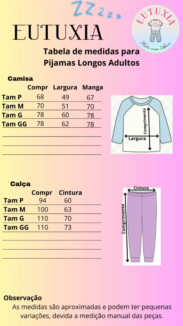 Tabela de medidas para pijamas longos adultos