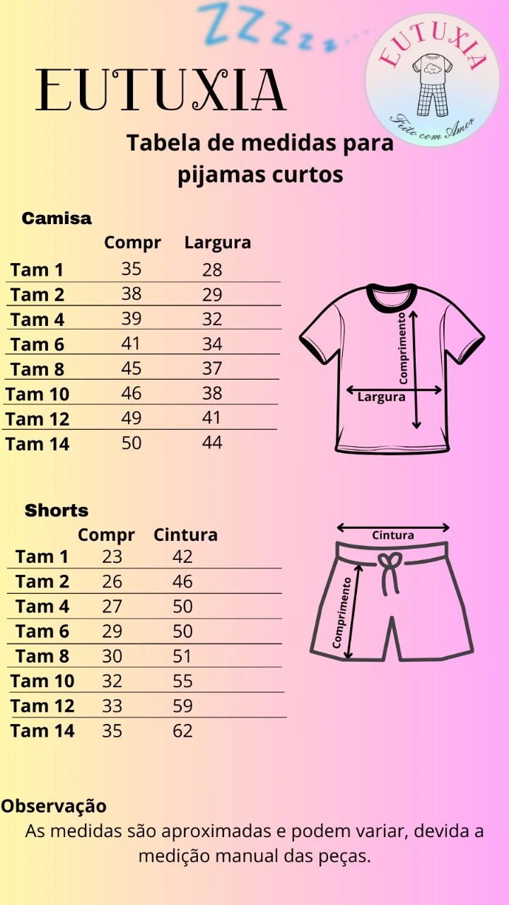 Tabela de medidas para pijamas infantis curtos
