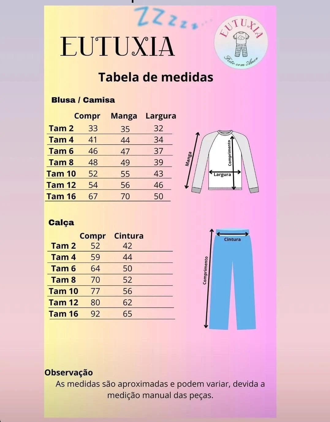 Tabela de medidas de pijama infantil longo da Eutuxia