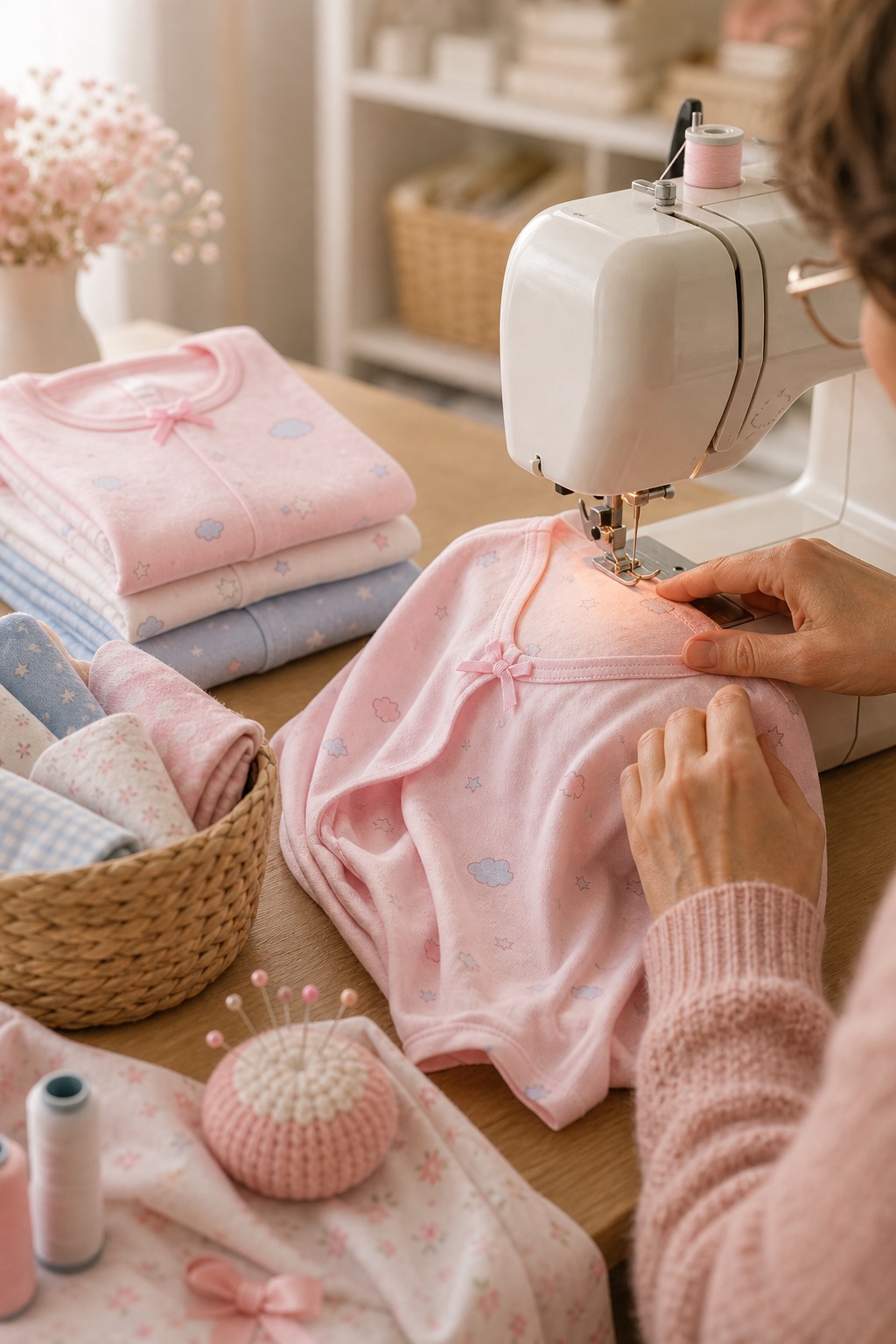 Pijama infantil sendo costurado em ateliê com tecidos delicados